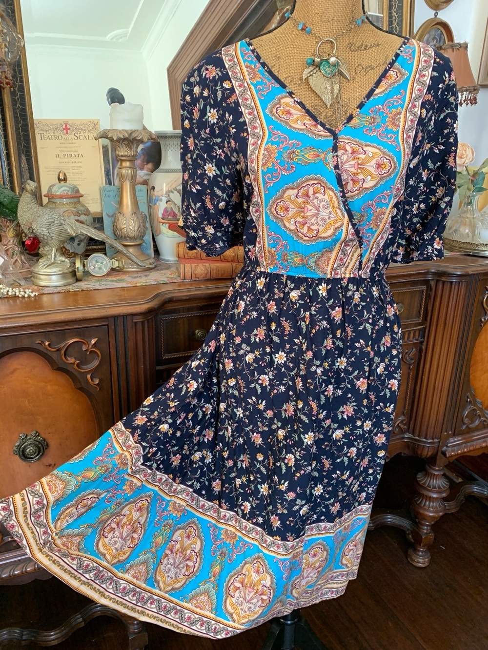 Vintage Boho Hippie Peasant Spring Summer Floral Print Dress - Picture 3 of 12